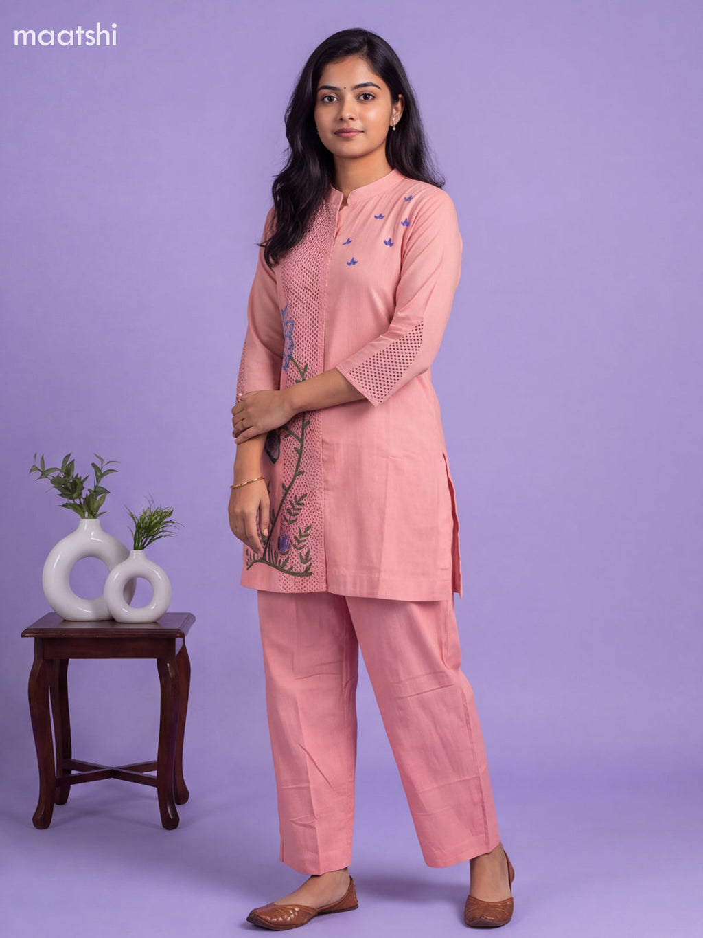 Peach Cotton Embroidery Work Short Co-Ord Set