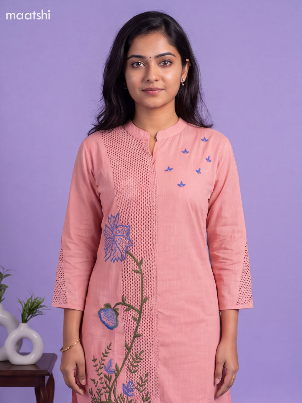 Peach Cotton Embroidery Work Short Co-Ord Set