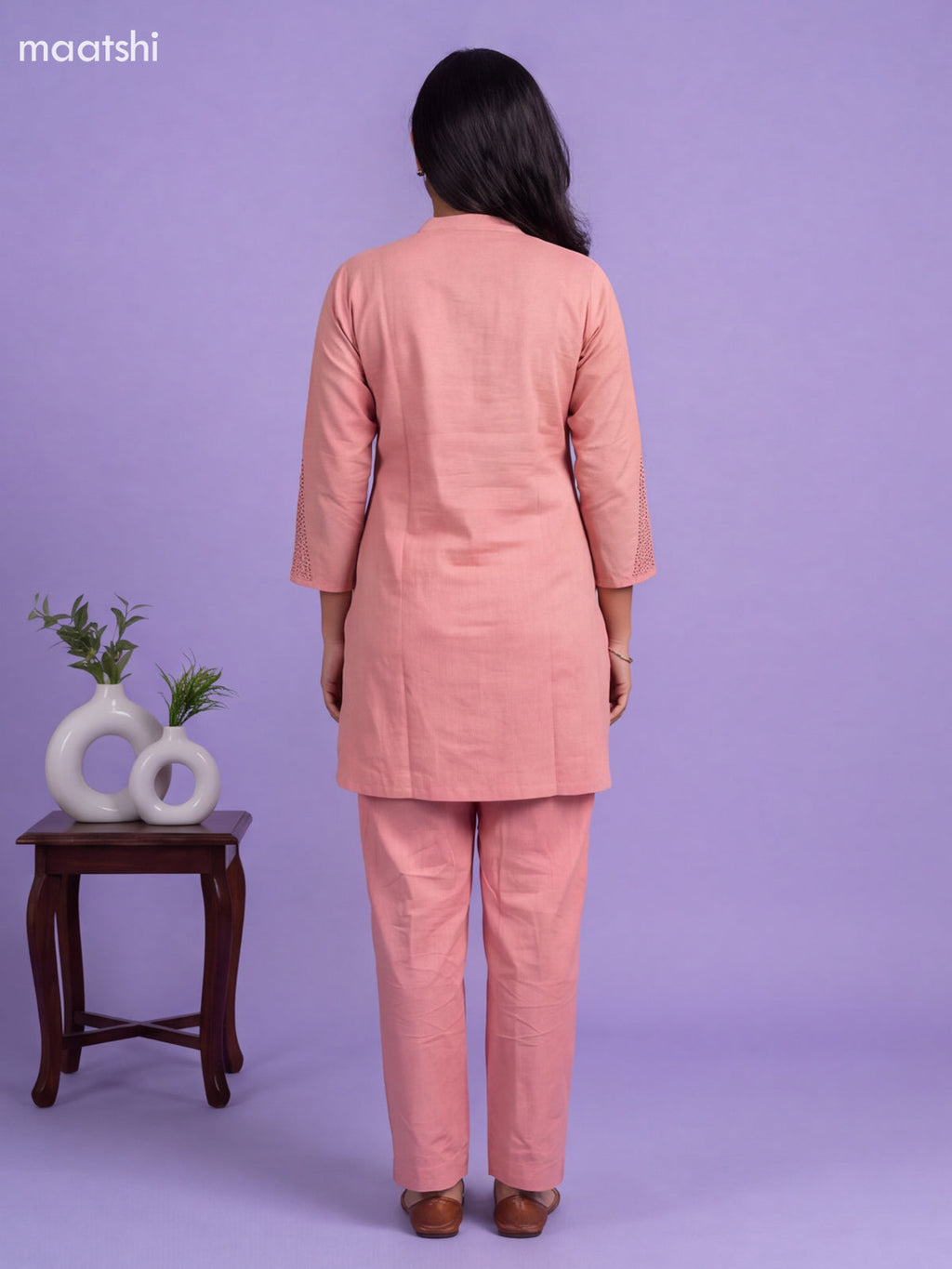 Peach Cotton Embroidery Work Short Co-Ord Set
