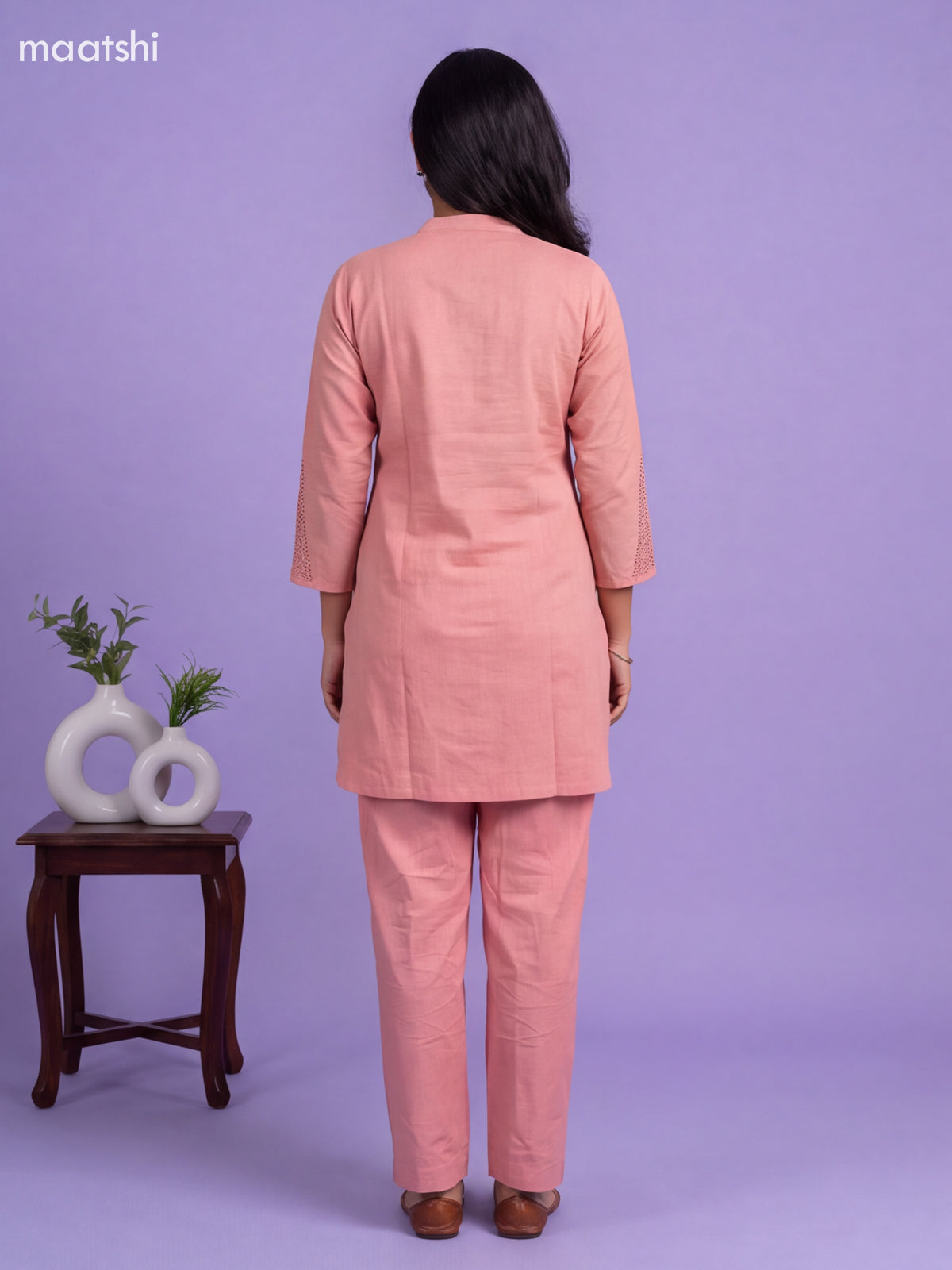 Peach Cotton Embroidery Work Short Co-Ord Set