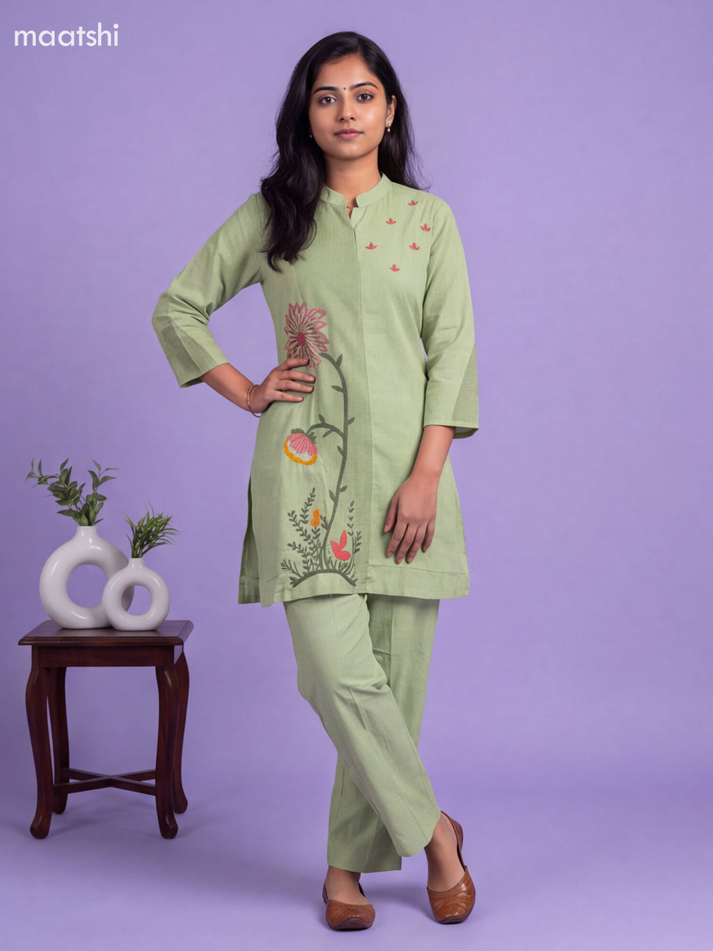 Pista Green Cotton Embroidery Work Short Co-Ord Set