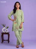 Pista Green Cotton Embroidery Work Short Co-Ord Set