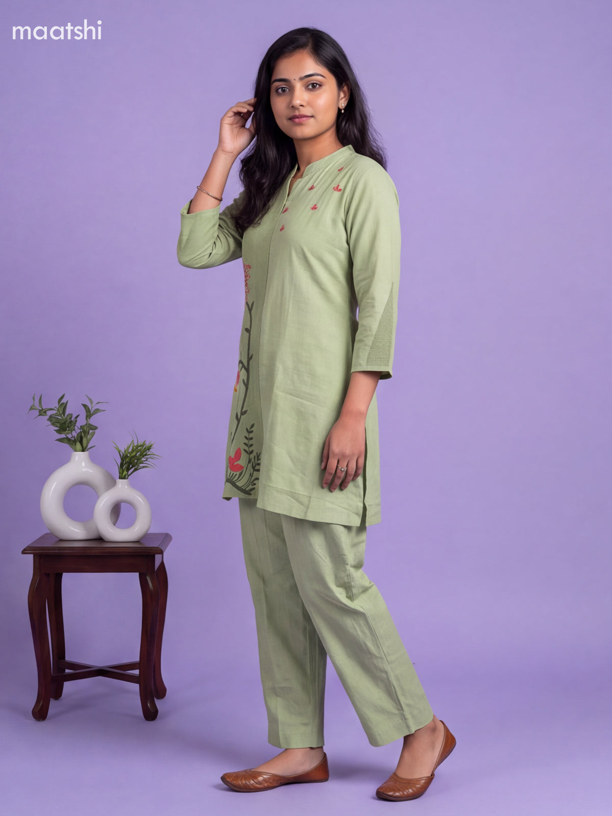 Pista Green Cotton Embroidery Work Short Co-Ord Set