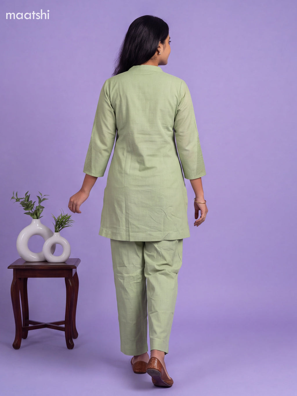 Pista Green Cotton Embroidery Work Short Co-Ord Set