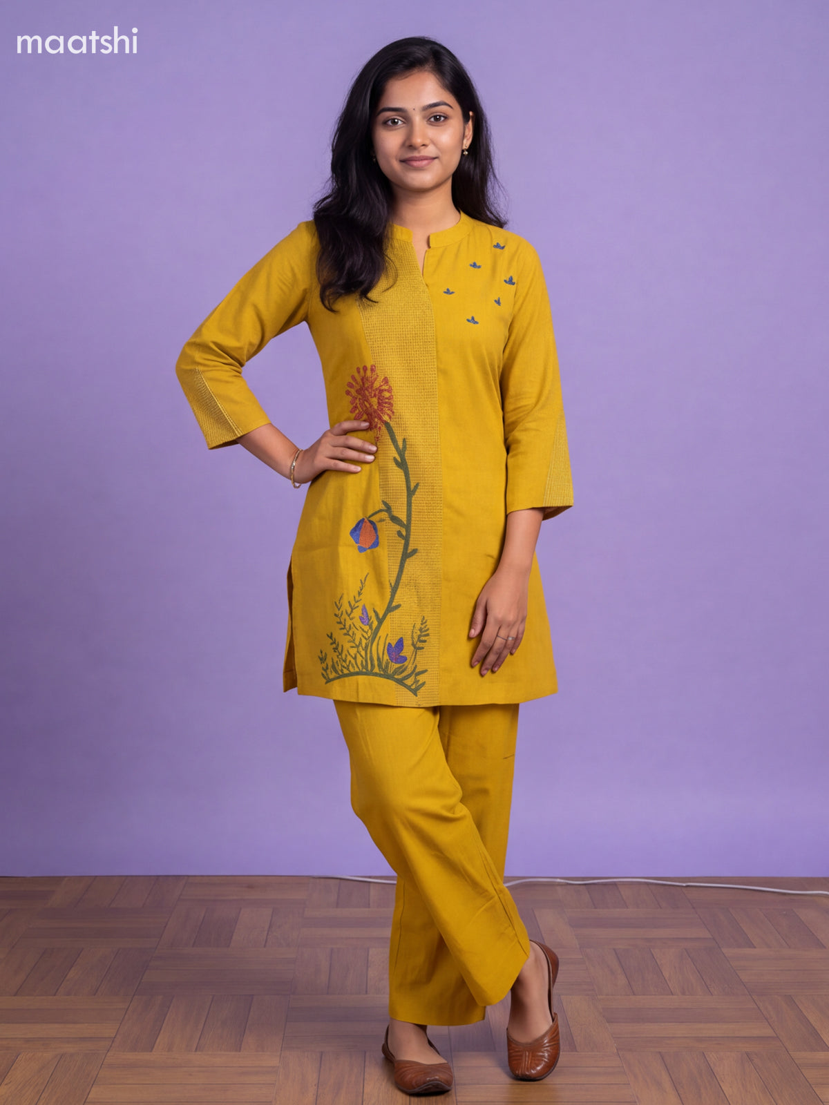 Yellow Cotton Embroidery Work Short Co-Ord Set
