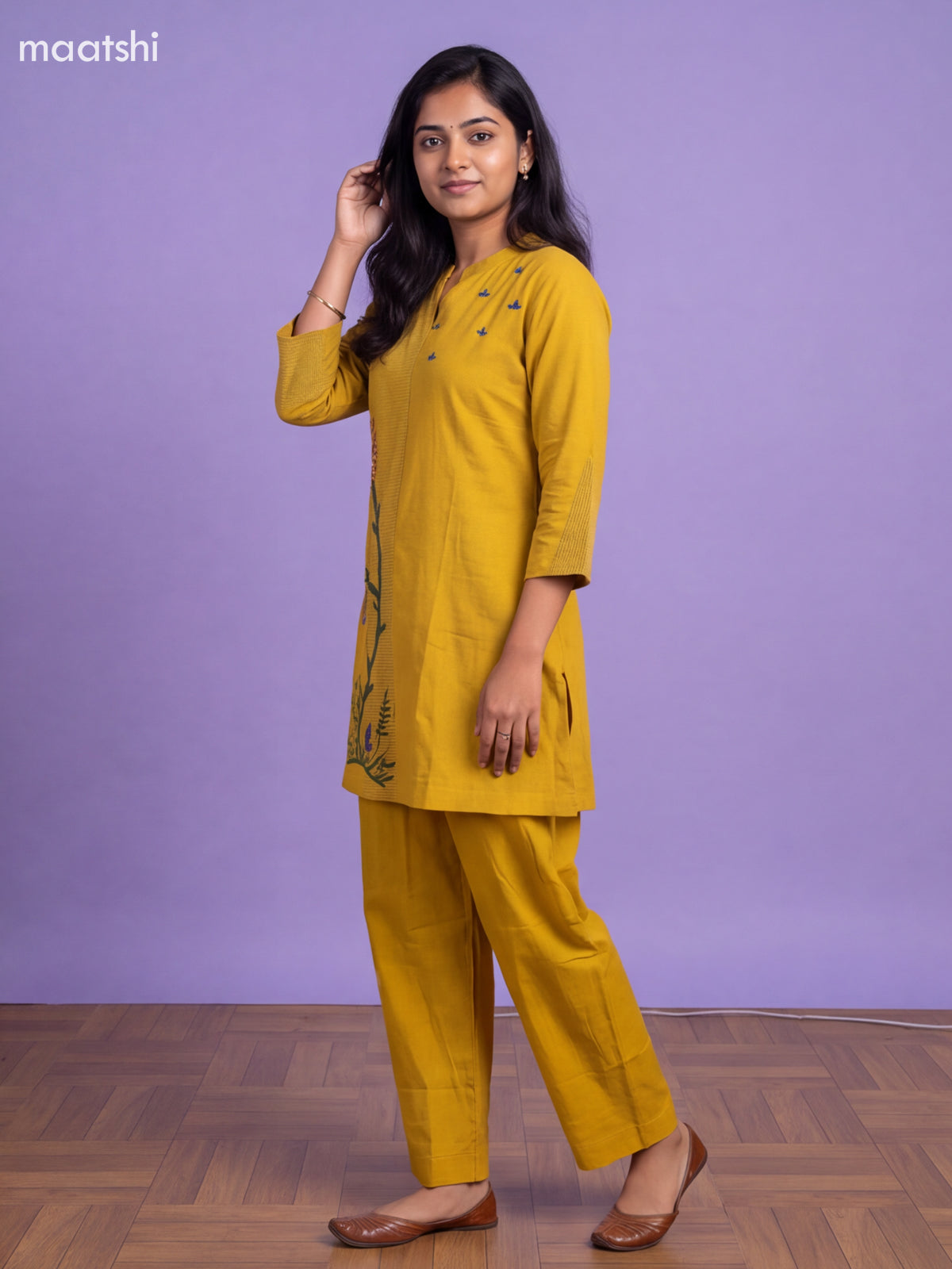 Yellow Cotton Embroidery Work Short Co-Ord Set