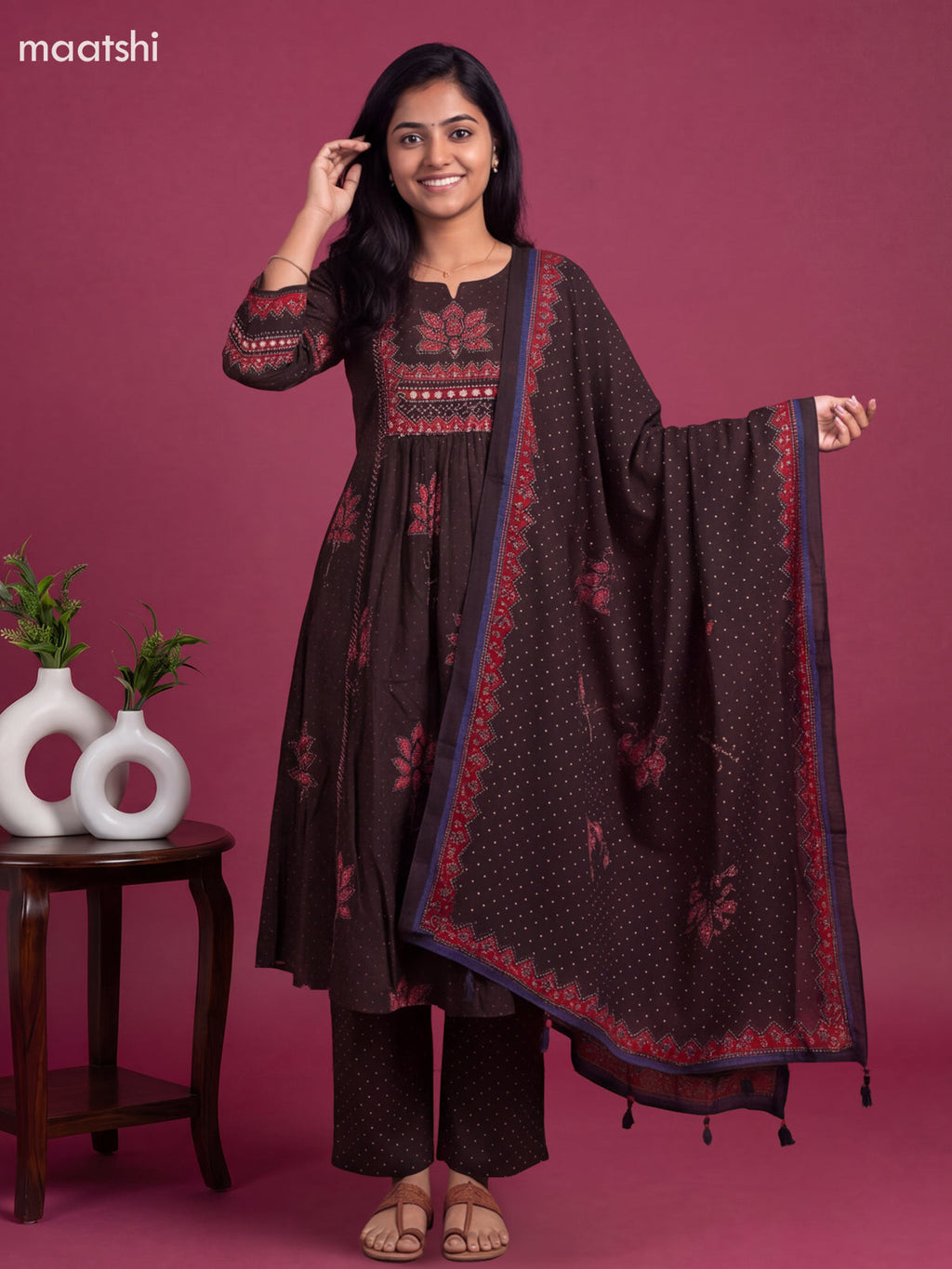 Brown and Maroon Cotton Printed & Embroidery Work Anarkali Suit