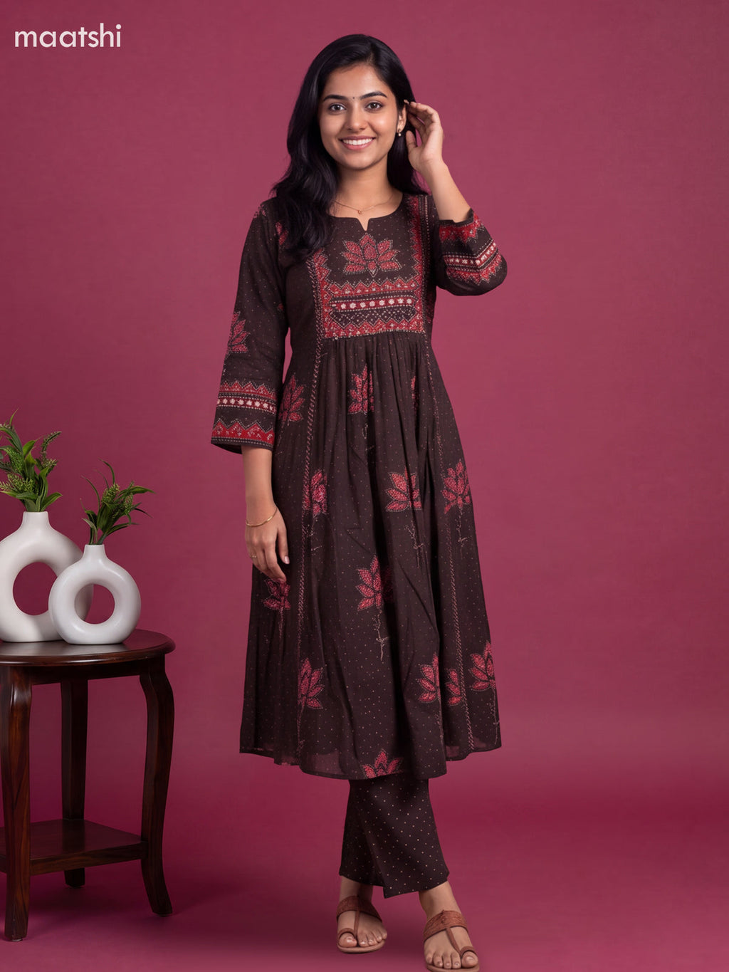 Brown and Maroon Cotton Printed & Embroidery Work Anarkali Suit