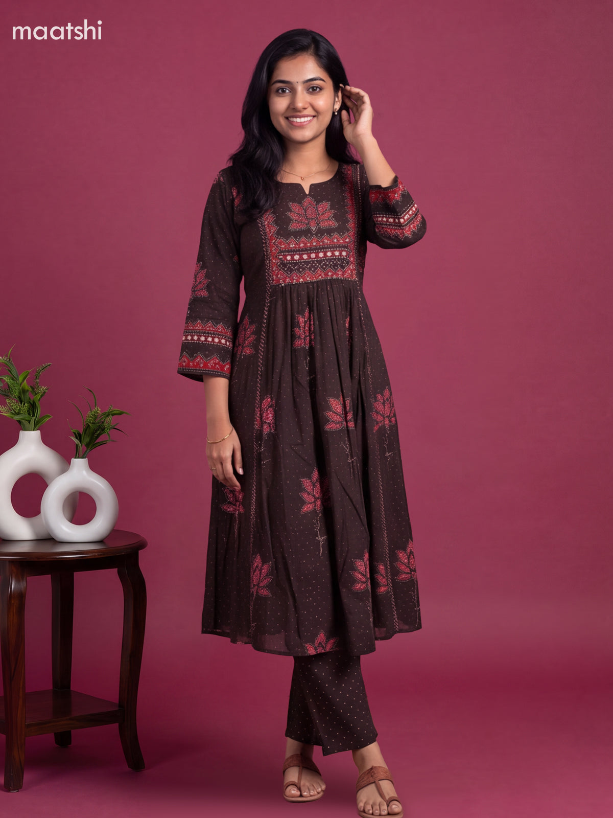 Brown and Maroon Cotton Printed & Embroidery Work Anarkali Suit