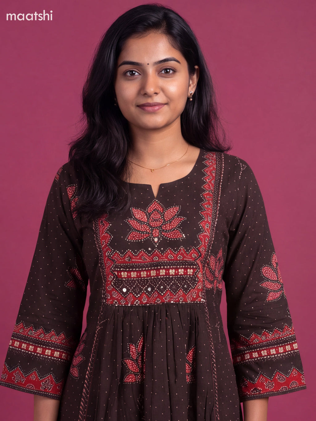 Brown and Maroon Cotton Printed & Embroidery Work Anarkali Suit