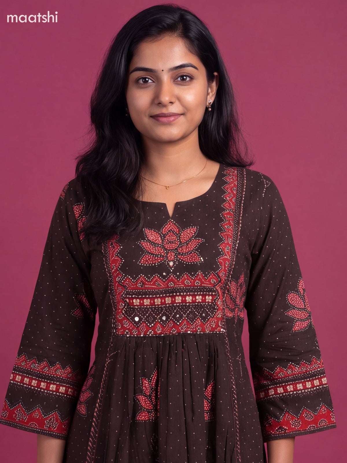 Brown and Maroon Cotton Printed & Embroidery Work Anarkali Suit
