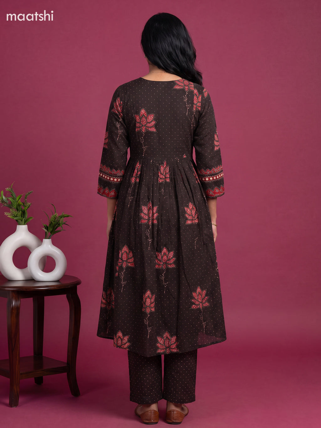 Brown and Maroon Cotton Printed & Embroidery Work Anarkali Suit