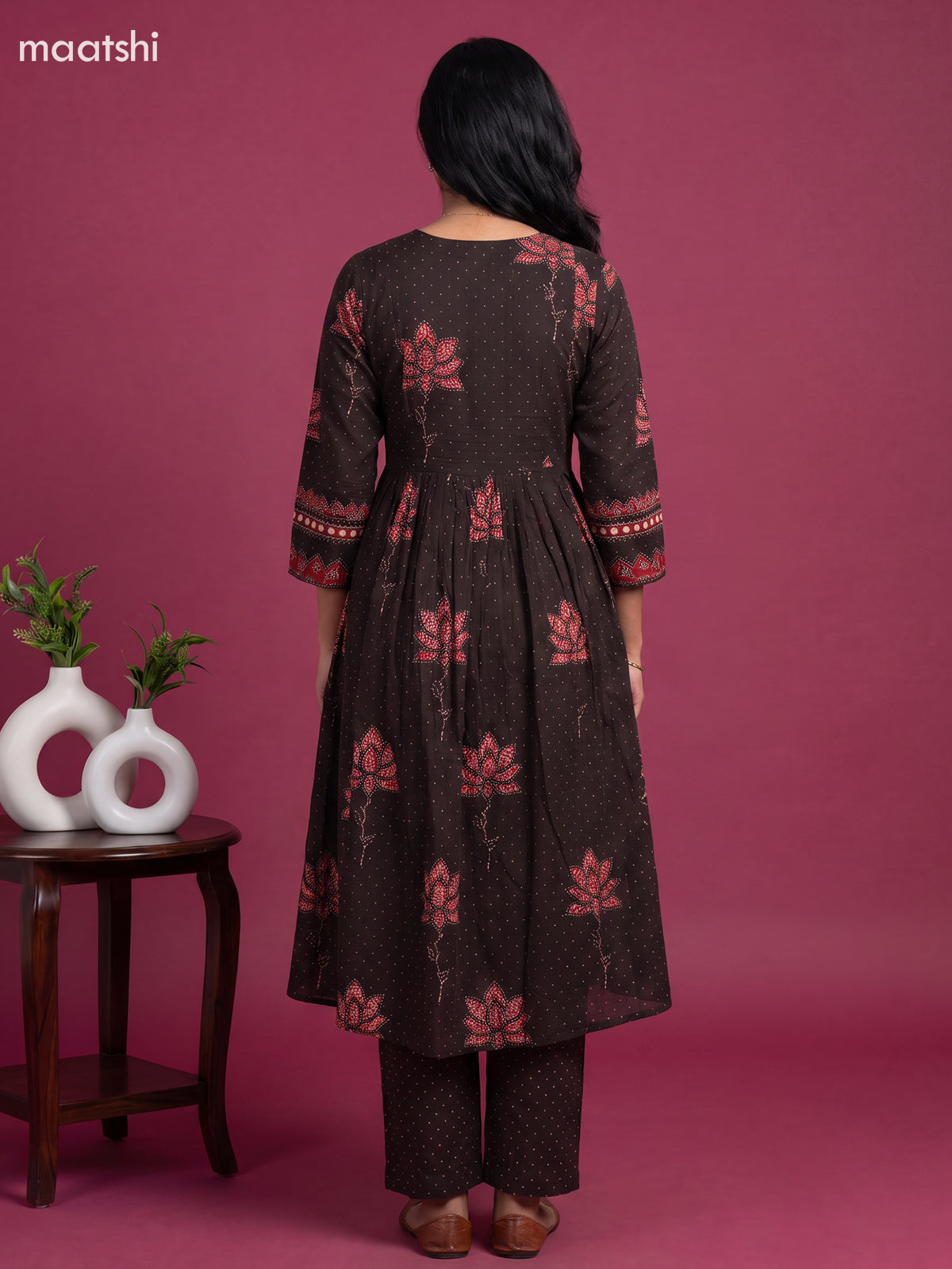 Brown and Maroon Cotton Printed & Embroidery Work Anarkali Suit