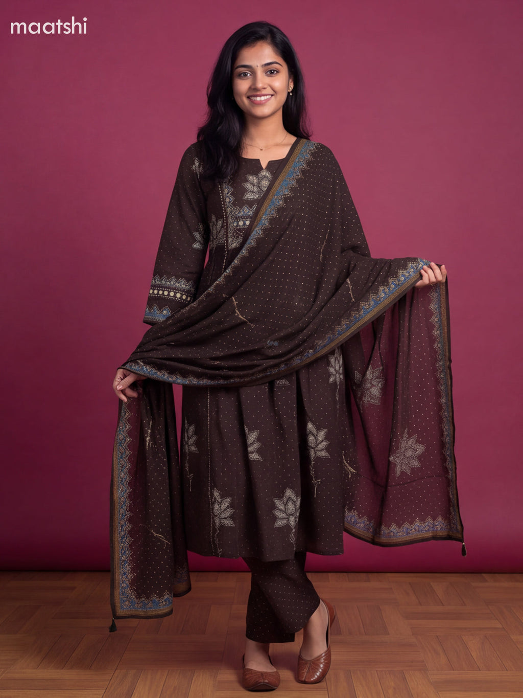 Brown and Blue Cotton Printed & Embroidery Work Anarkali Suit