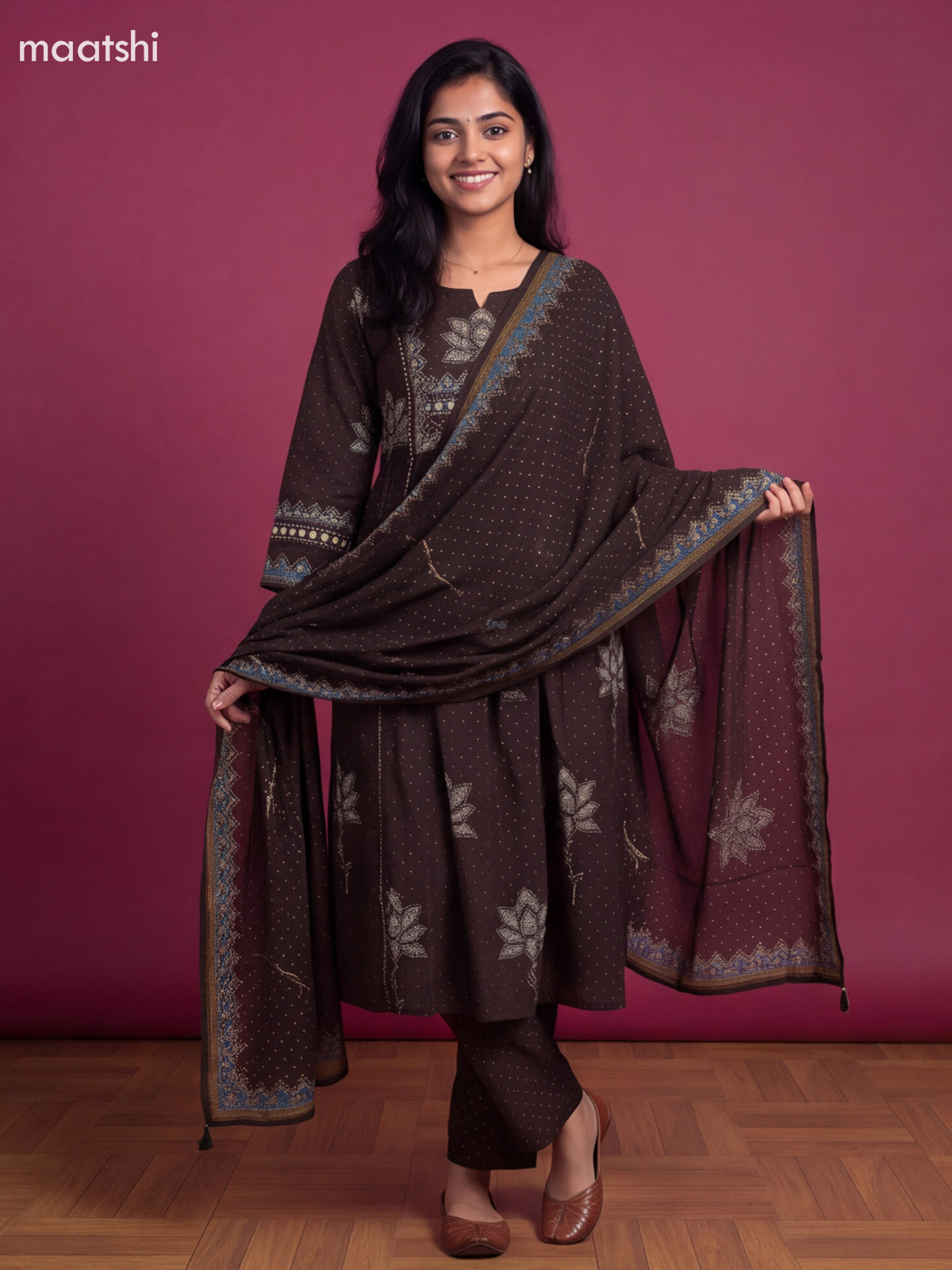 Brown and Blue Cotton Printed & Embroidery Work Anarkali Suit
