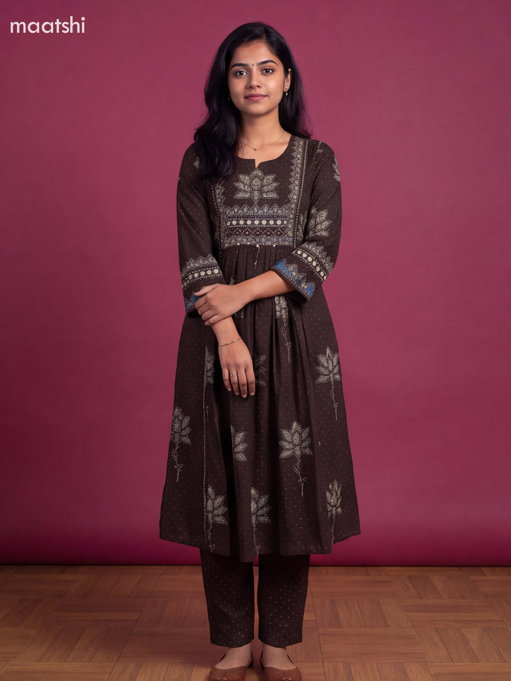Brown and Blue Cotton Printed & Embroidery Work Anarkali Suit