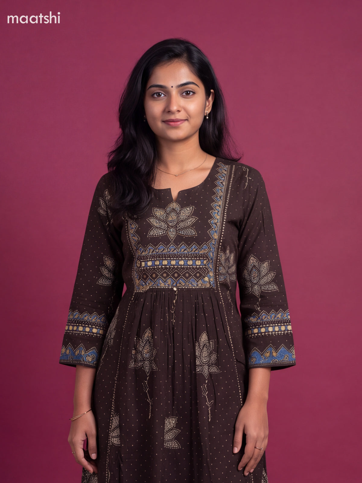 Brown and Blue Cotton Printed & Embroidery Work Anarkali Suit