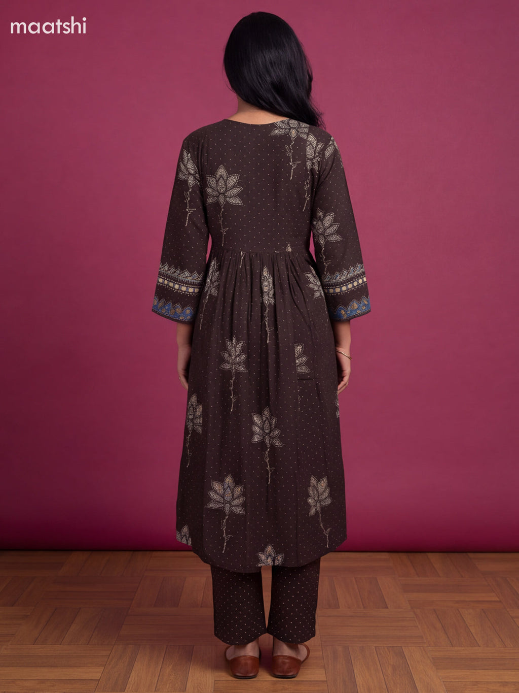 Brown and Blue Cotton Printed & Embroidery Work Anarkali Suit