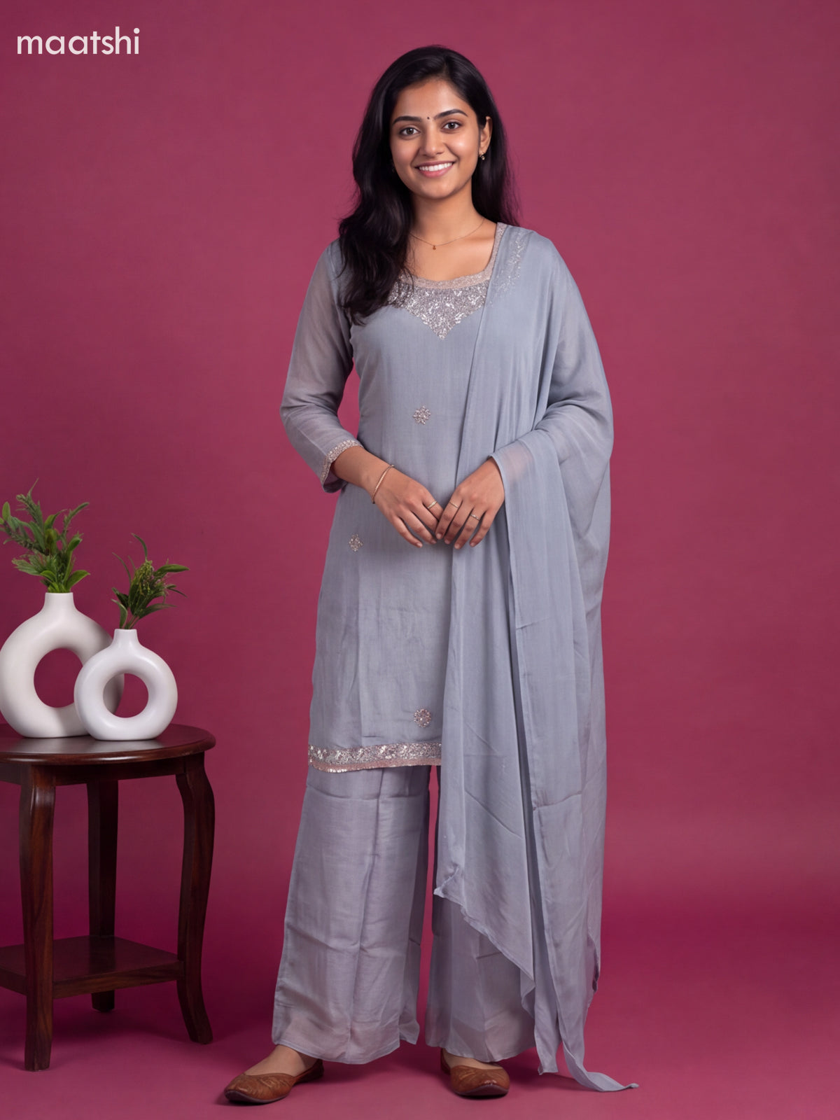 Bluish Grey Art Silk Embroidery Work Straight Suit