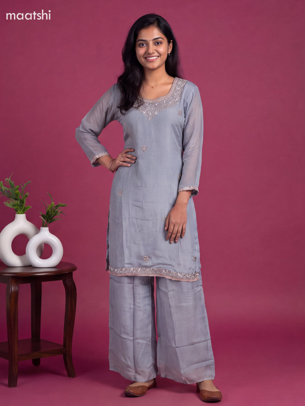 Bluish Grey Art Silk Embroidery Work Straight Suit