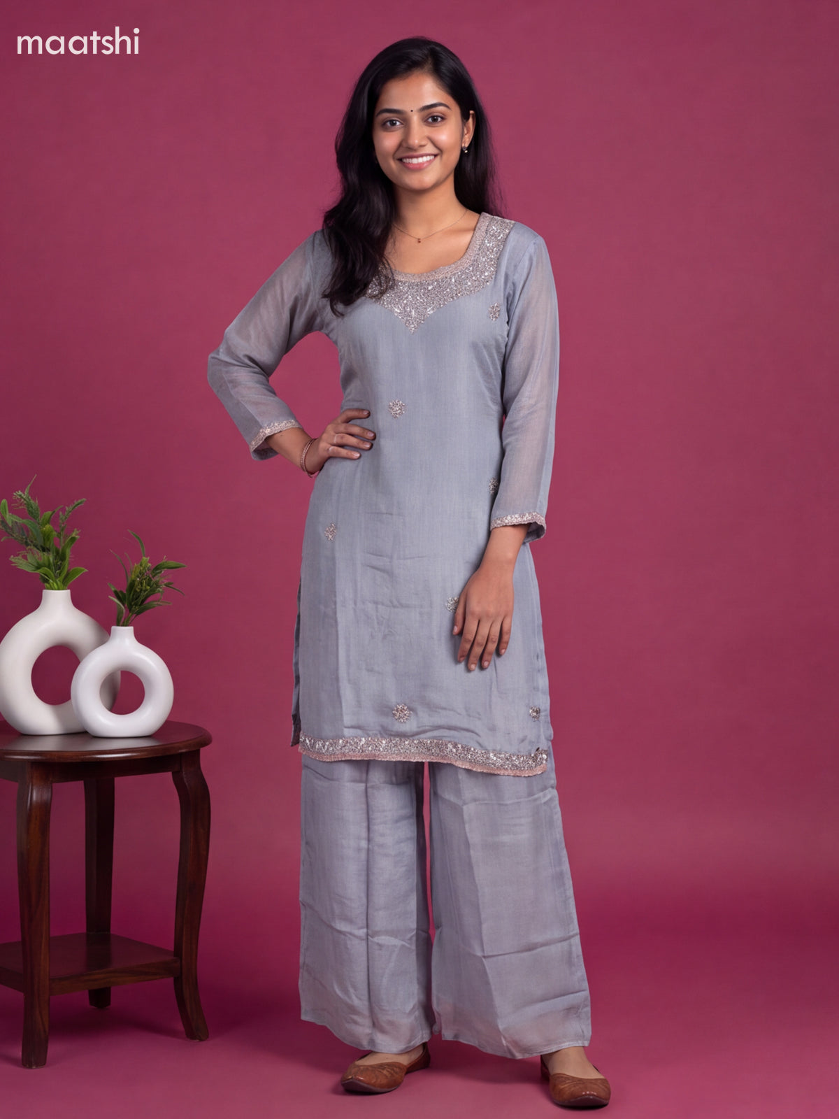 Bluish Grey Art Silk Embroidery Work Straight Suit