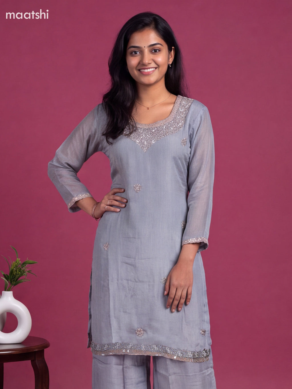 Bluish Grey Art Silk Embroidery Work Straight Suit