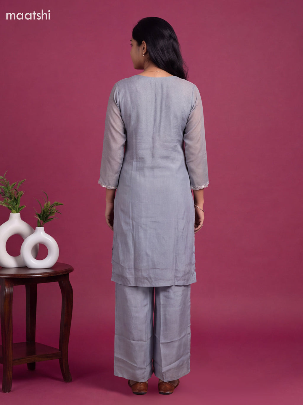 Bluish Grey Art Silk Embroidery Work Straight Suit