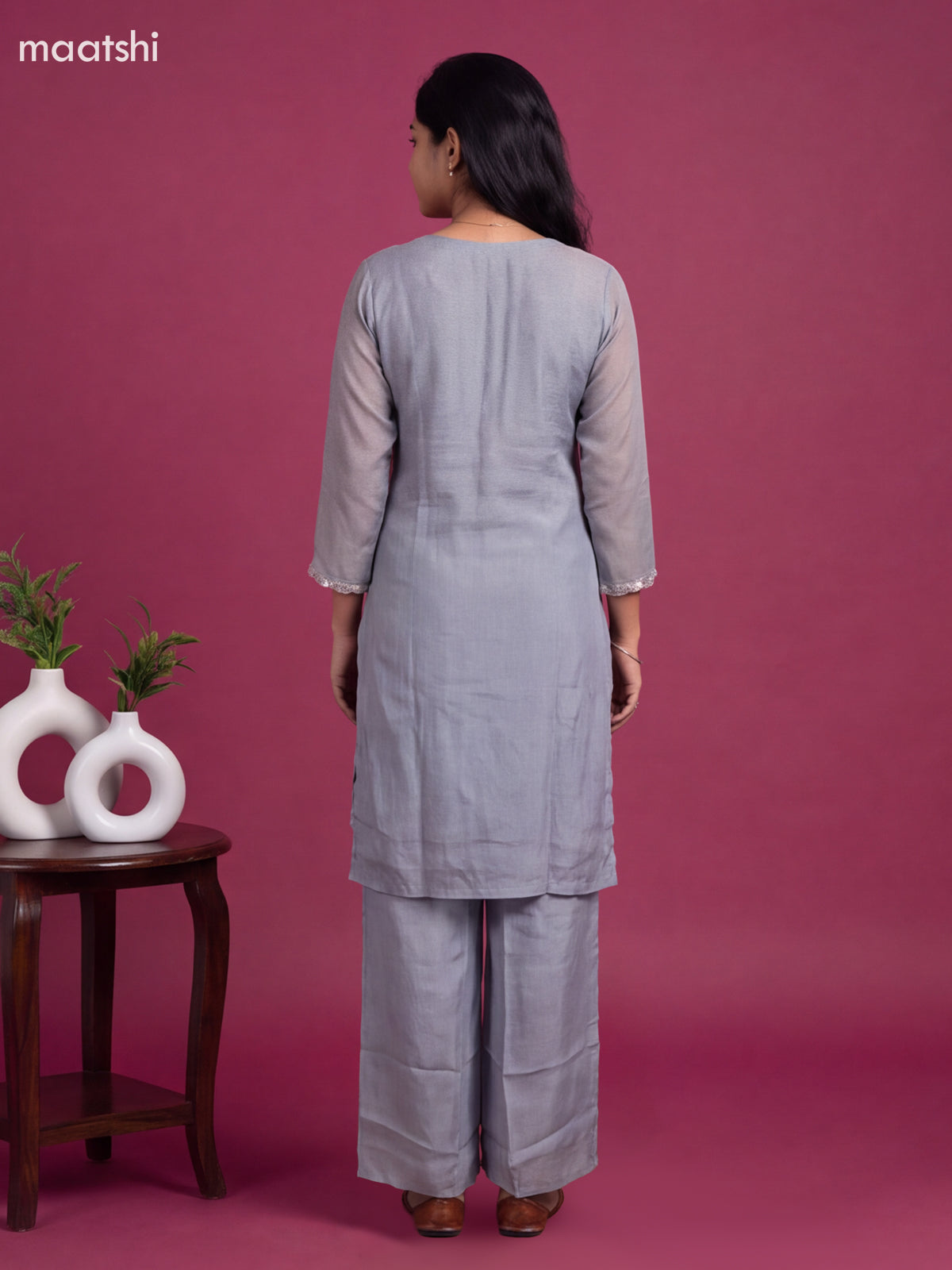 Bluish Grey Art Silk Embroidery Work Straight Suit
