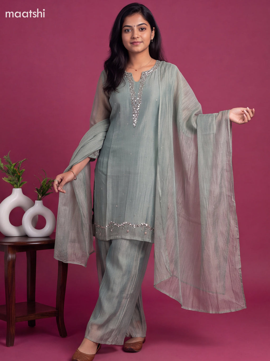 Pastel Green Tissue Embroidery Work Straight Suit