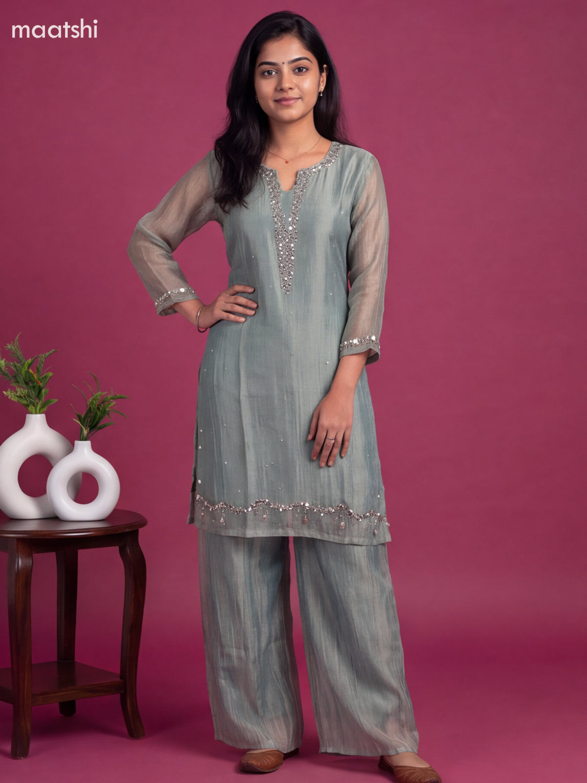 Pastel Green Tissue Embroidery Work Straight Suit