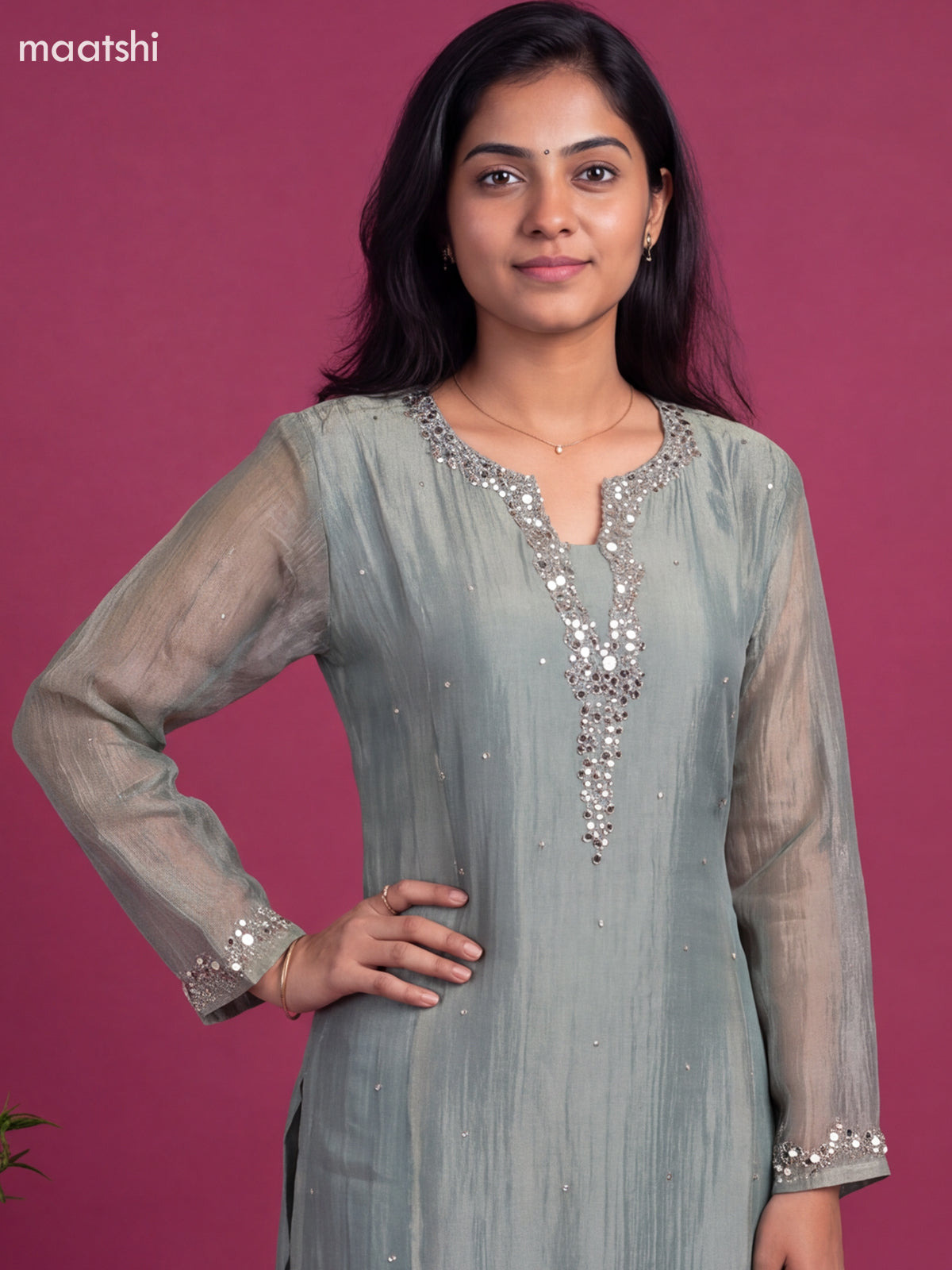Pastel Green Tissue Embroidery Work Straight Suit