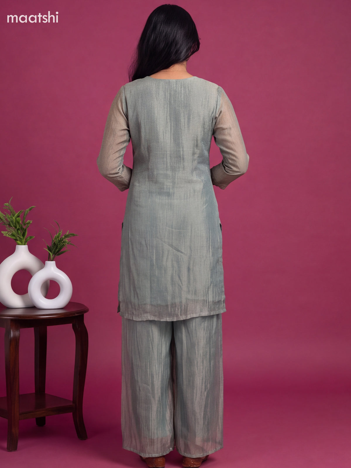 Pastel Green Tissue Embroidery Work Straight Suit