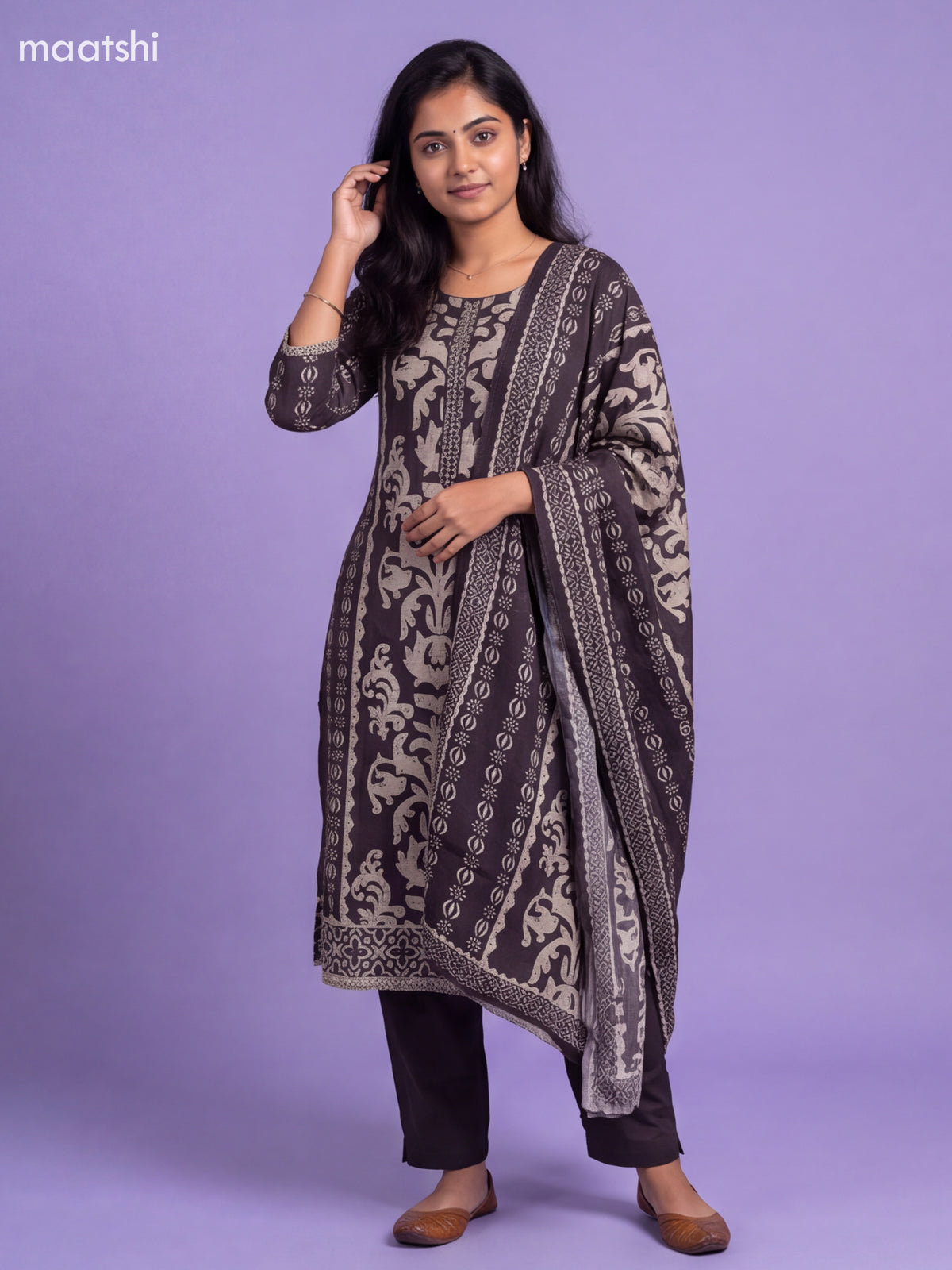 Black Art Tussar Printed & Embroidery Work Straight Suit