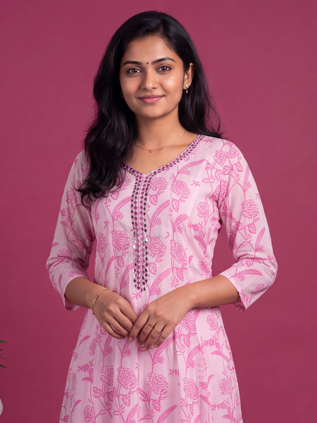 Pink Cotton Embroidery Work Anarakali Suit
