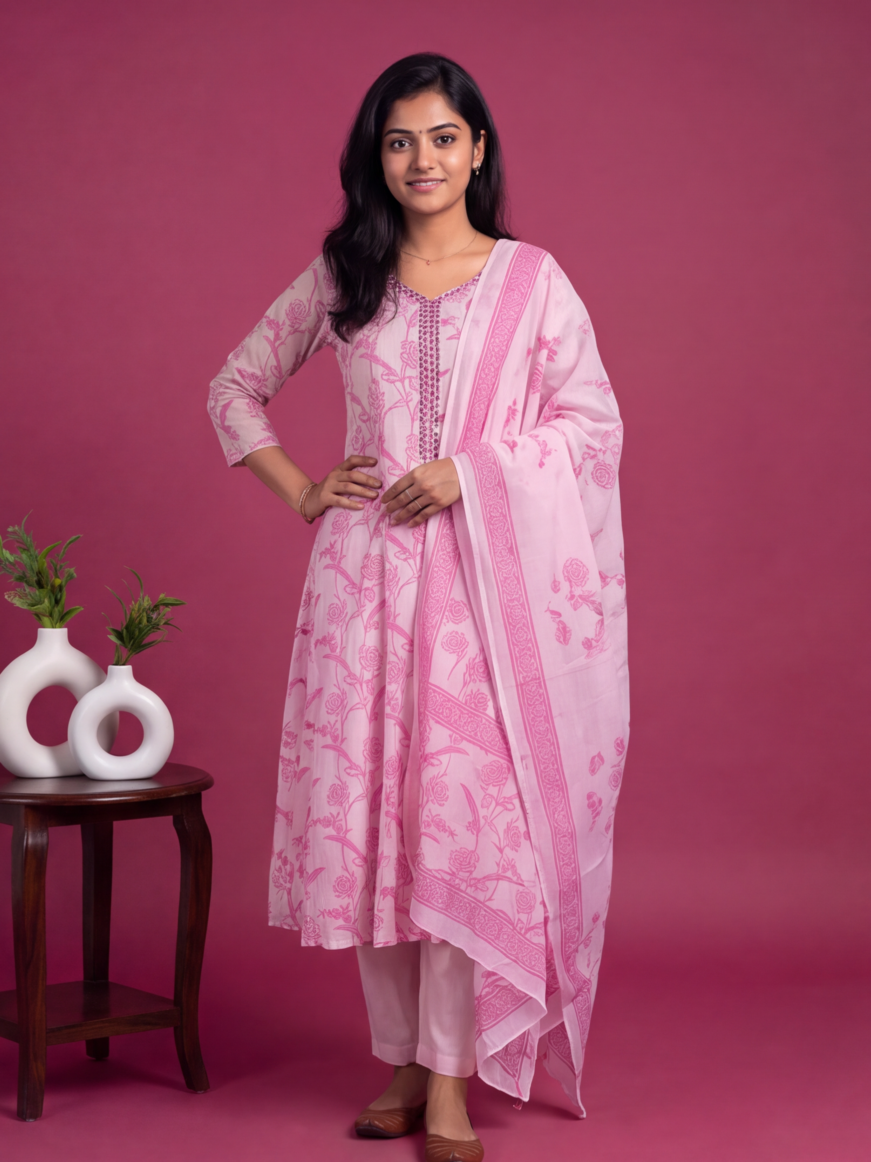 Pink Cotton Embroidery Work Anarakali Suit