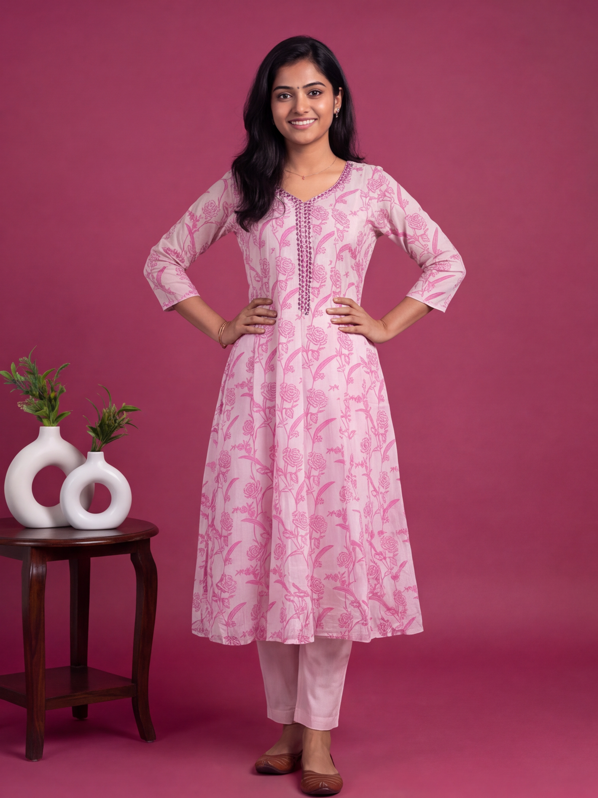 Pink Cotton Embroidery Work Anarakali Suit