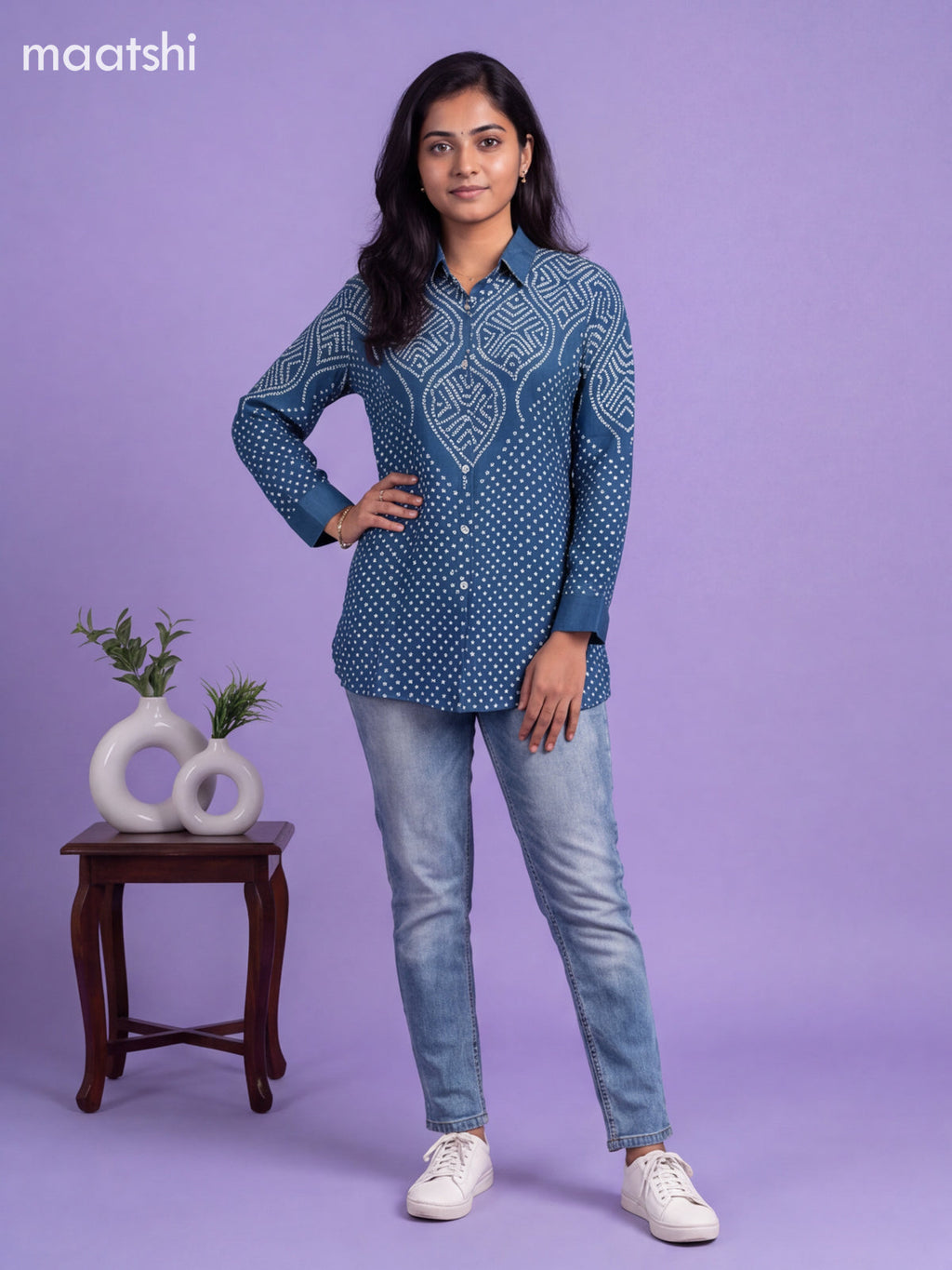 Blue Crepe Silk With Bandhani Printed Women Shirt
