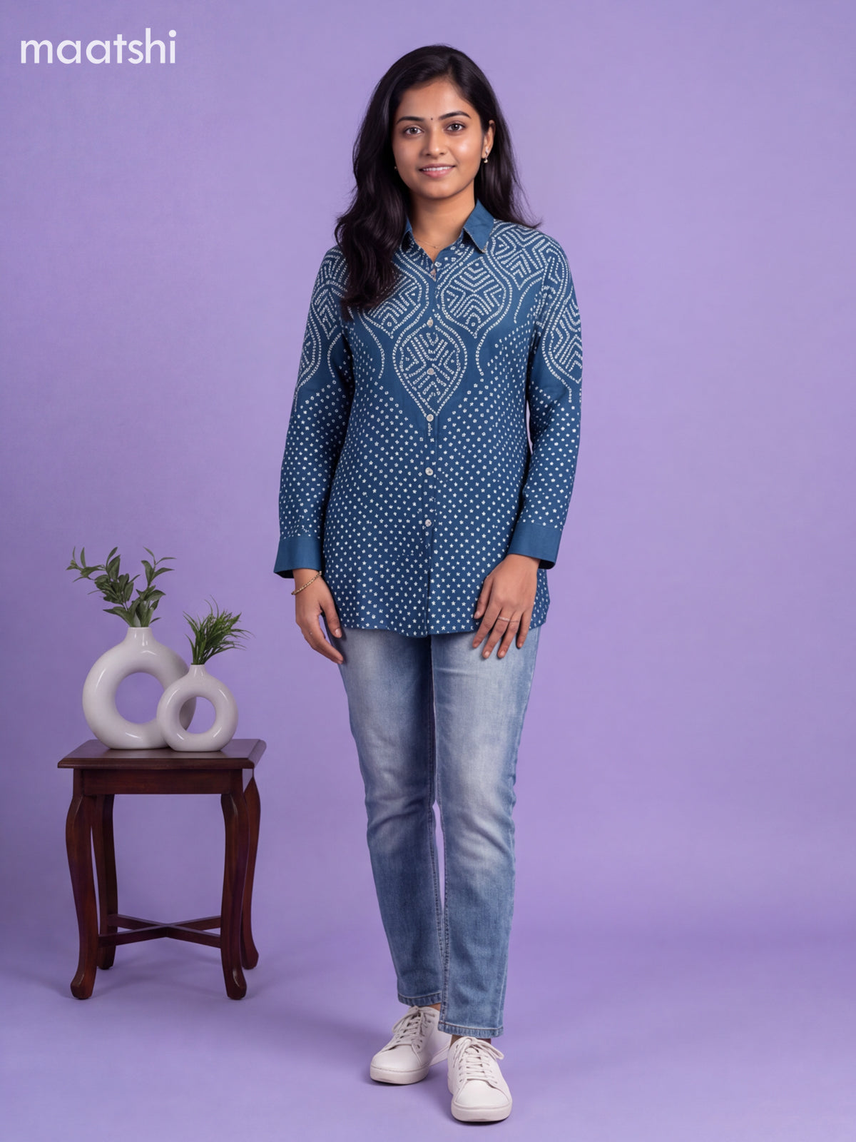 Blue Crepe Silk With Bandhani Printed Women Shirt