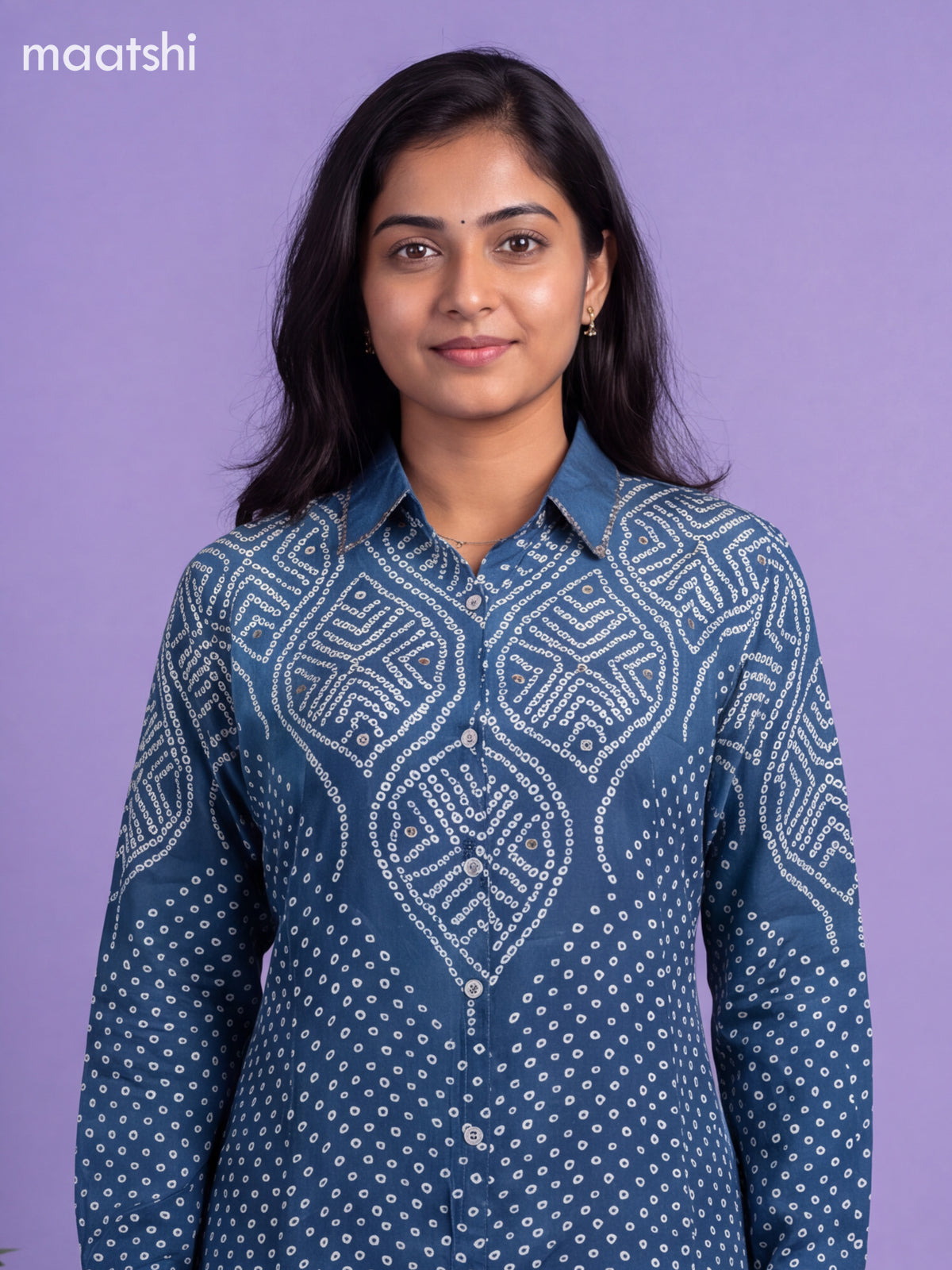 Blue Crepe Silk With Bandhani Printed Women Shirt
