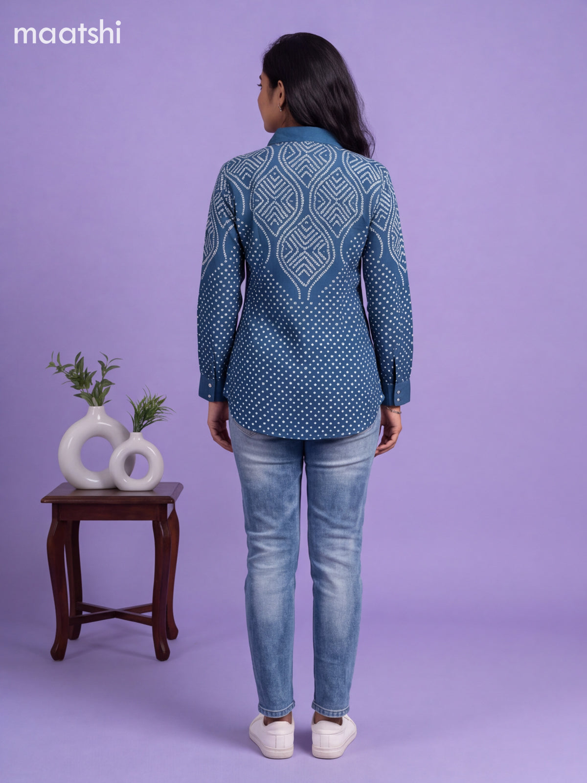 Blue Crepe Silk With Bandhani Printed Women Shirt