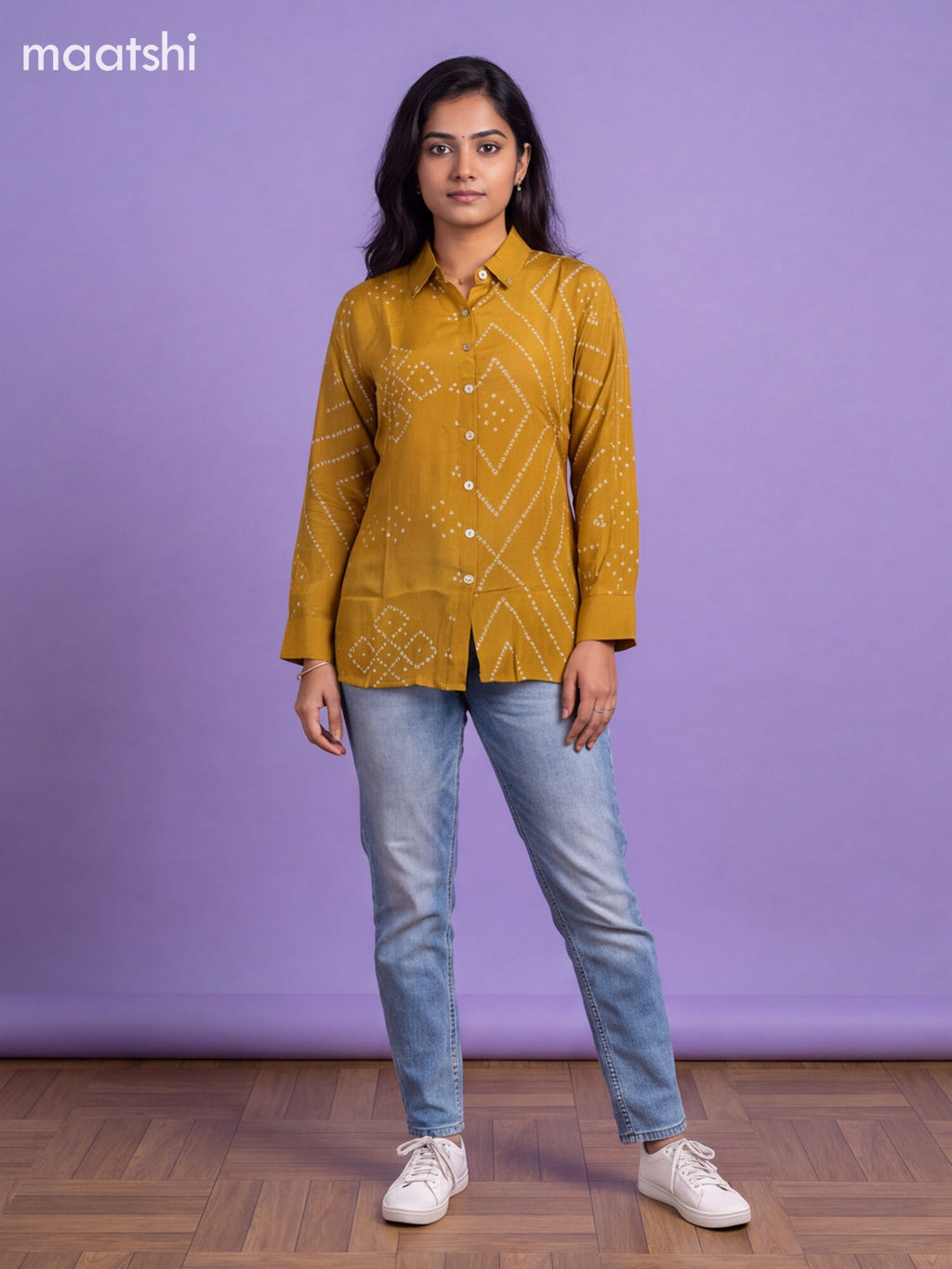 Mustard Yellow Crepe Silk With Bandhani Printed Women Shirt
