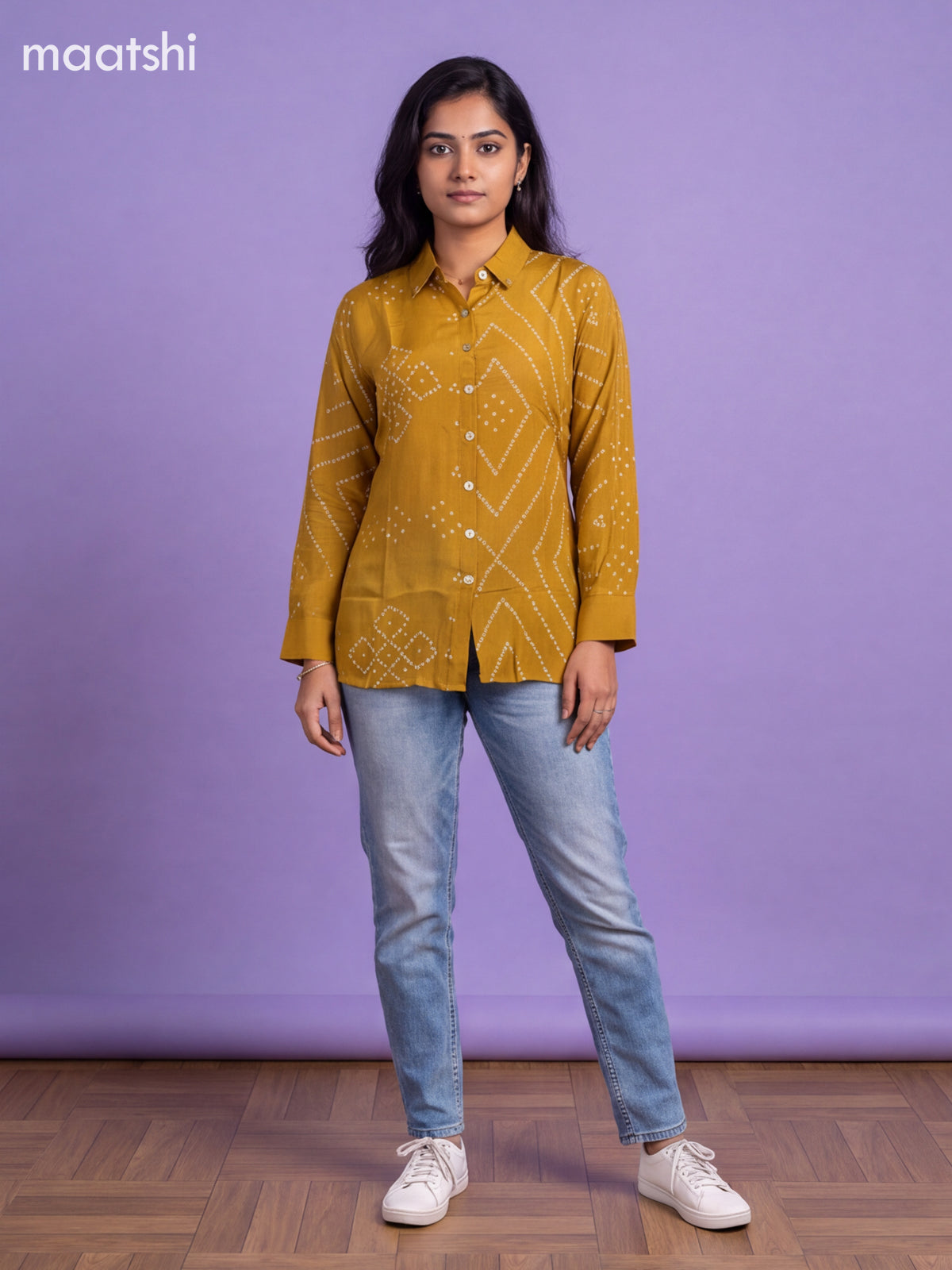 Mustard Yellow Crepe Silk With Bandhani Printed Women Shirt