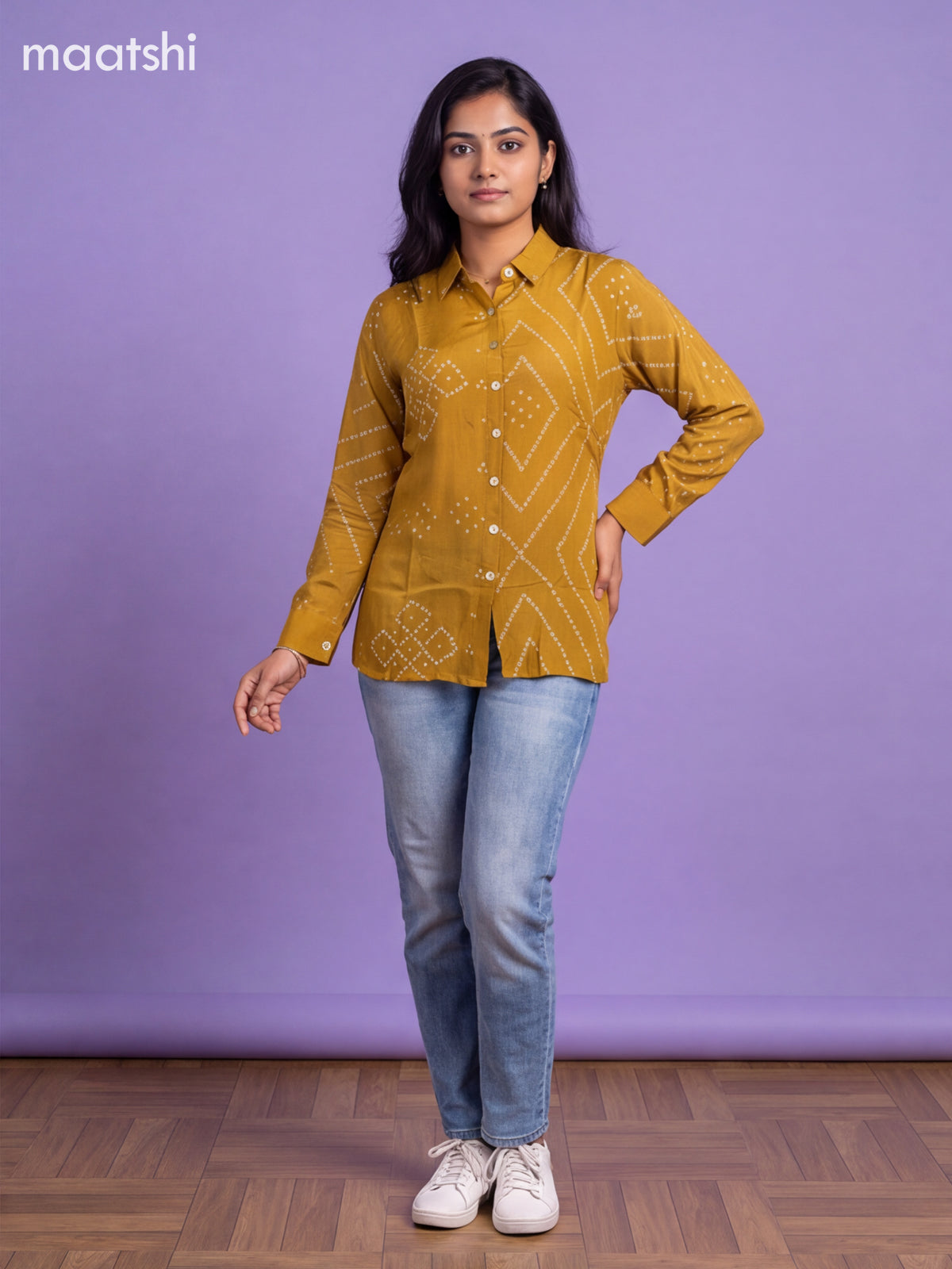 Mustard Yellow Crepe Silk With Bandhani Printed Women Shirt