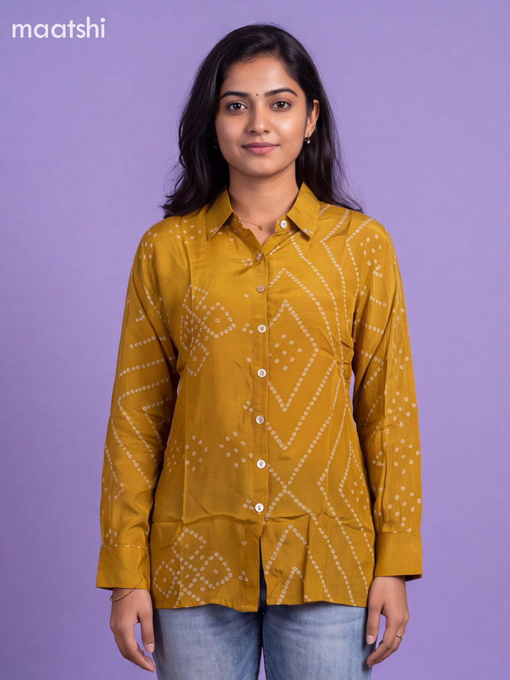 Mustard Yellow Crepe Silk With Bandhani Printed Women Shirt