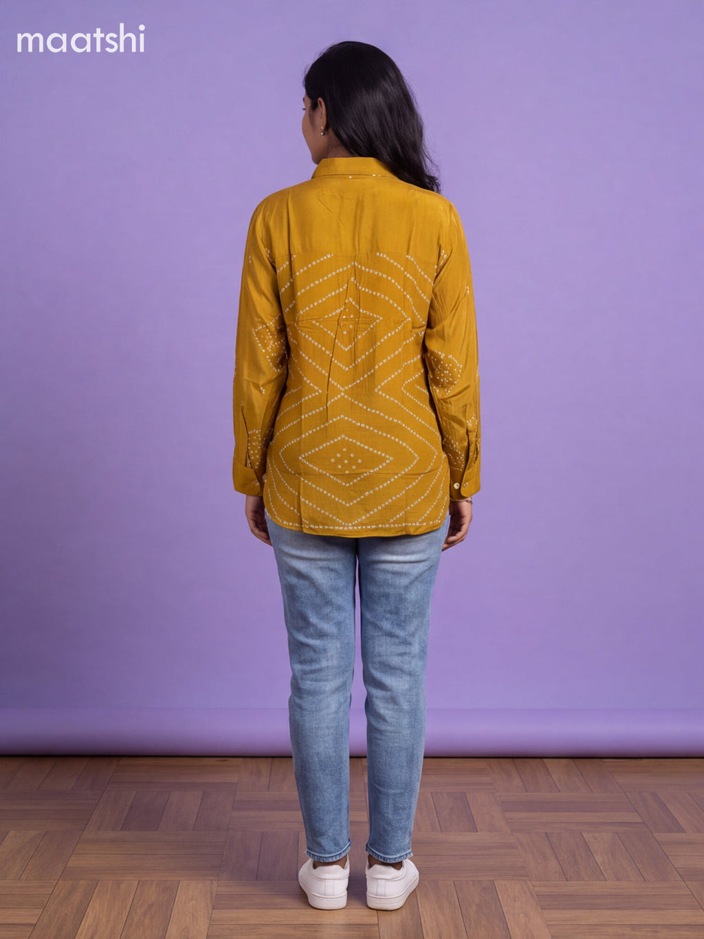 Mustard Yellow Crepe Silk With Bandhani Printed Women Shirt