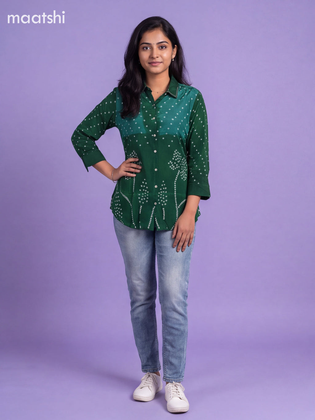 Light Green Crepe Silk With Bandhani Printed Women Shirt