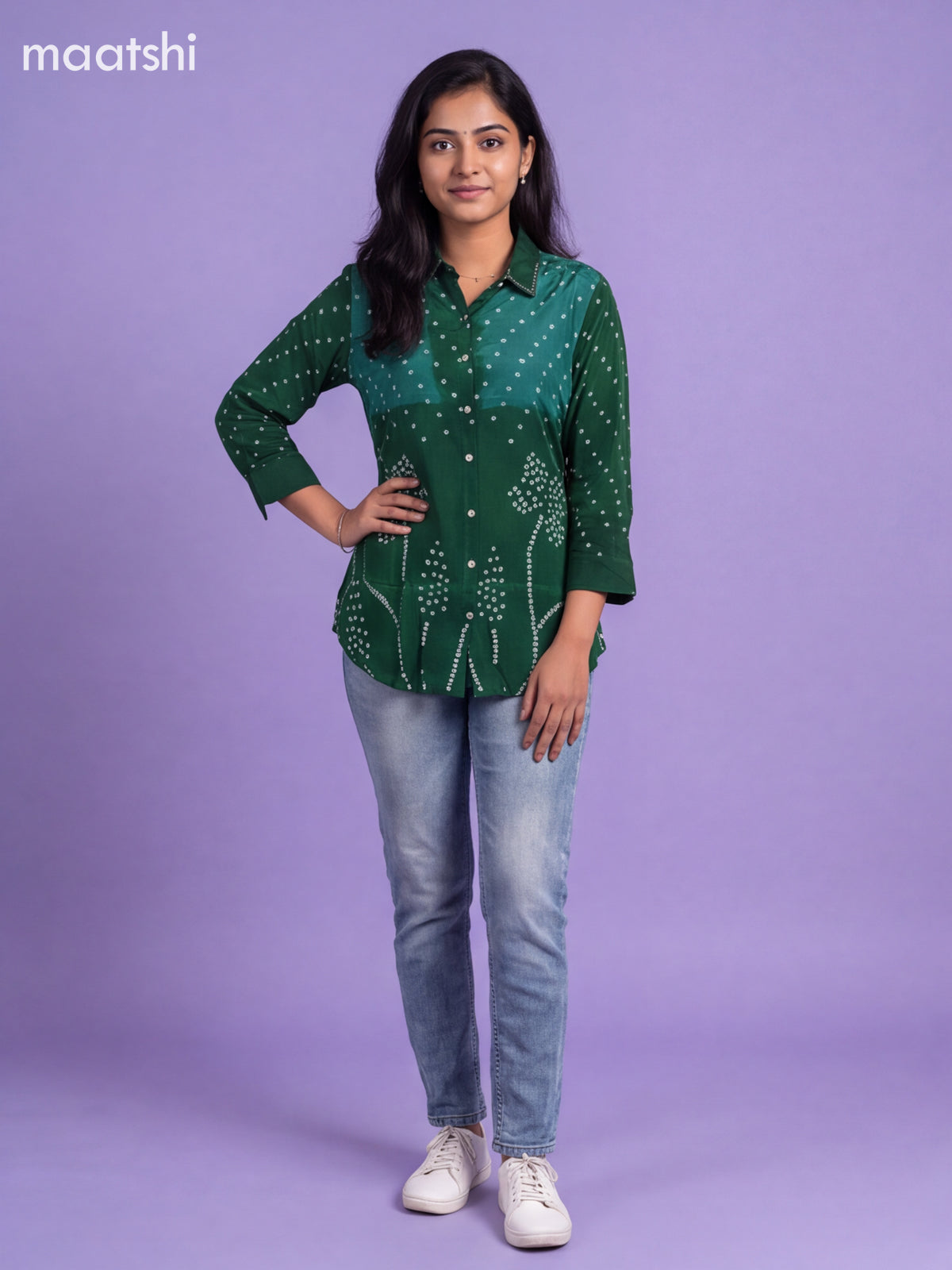 Light Green Crepe Silk With Bandhani Printed Women Shirt