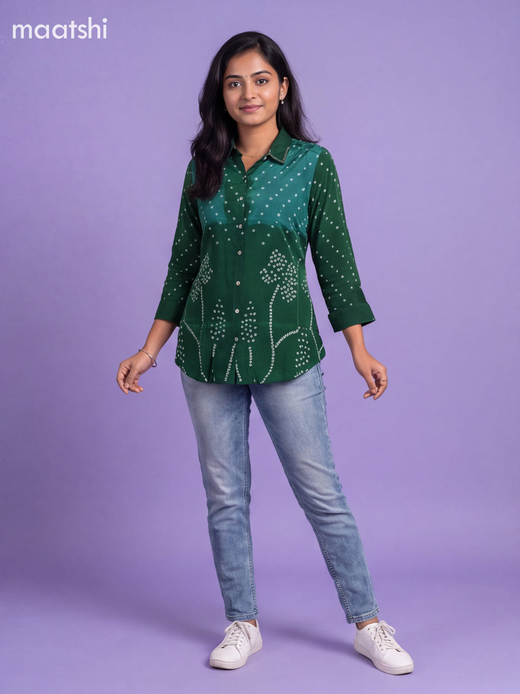 Light Green Crepe Silk With Bandhani Printed Women Shirt