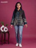 Blue and Elephant Grey Crepe Silk Printed Women Shirt