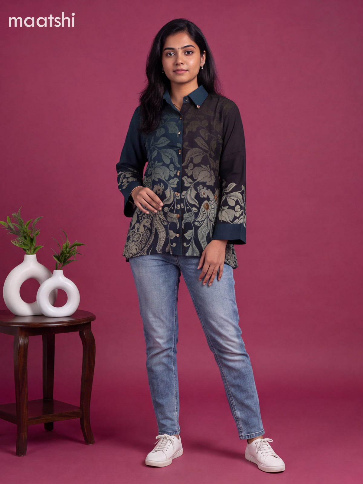 Blue and Elephant Grey Crepe Silk Printed Women Shirt